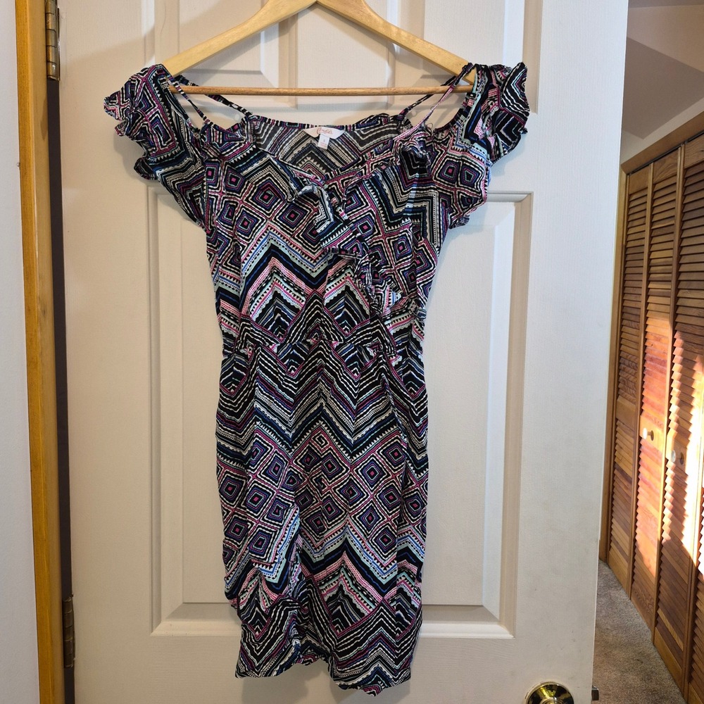 Candies Womens Cold Shoulder Ruffle Mini Dress Geometric Aztec Print Small Black